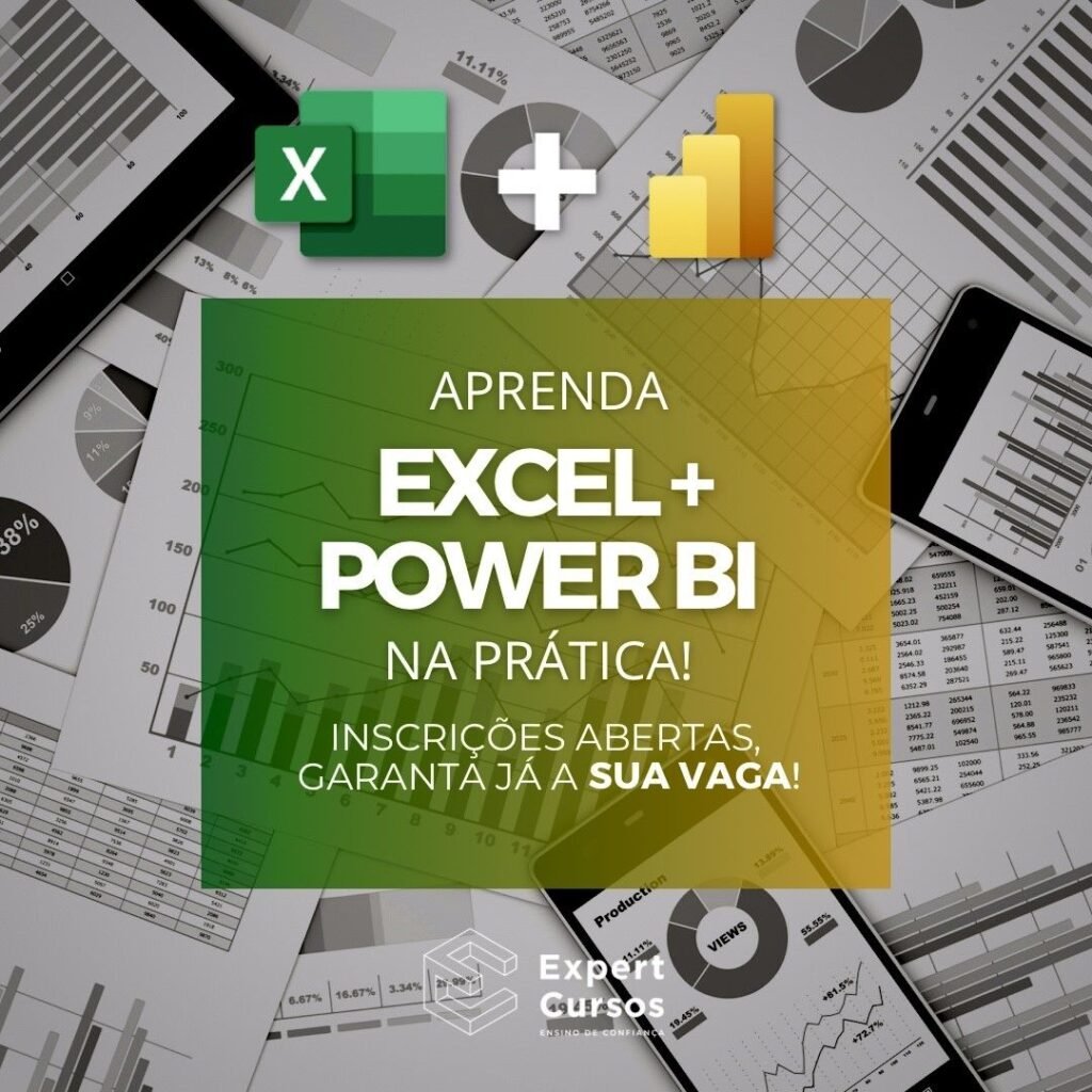 portada de opiniões de formação online onde tem uma mesa com folhas de trabalho e métricas de análisis que foram feitas tem 3 calculadoras encima da mesa e se sobre por um quadrado com a metade verde e a otra metade amarela o titulo de curso bem grande no meio com que diz online Power Bi com Excel na parte de embaixo tem os iconos de cada curso